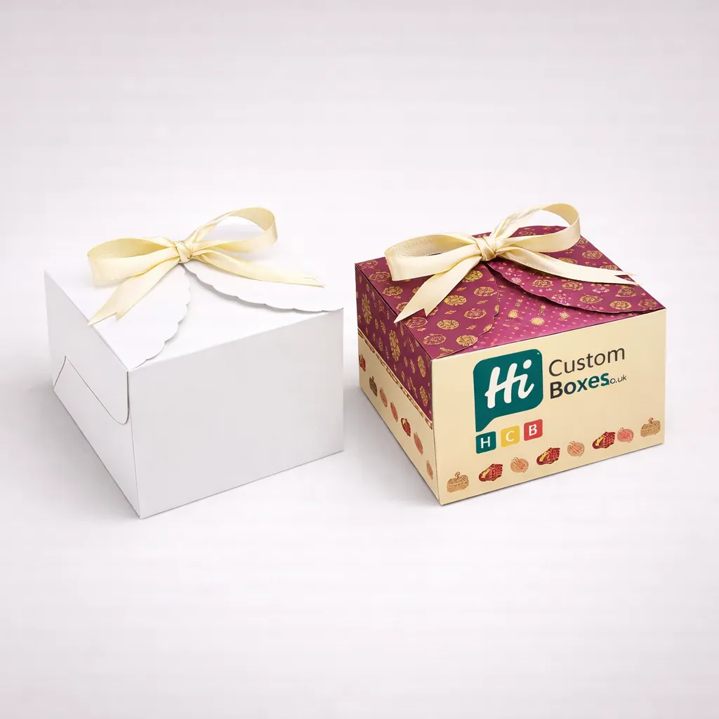 Two white gift boxes tied with blue ribbons, one plain and one featuring custom festival branding. class=